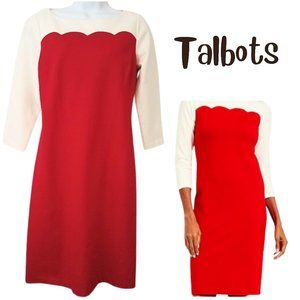 Talbots Red Body with Cream Sleeves Scalloped Neck Sheath Dress